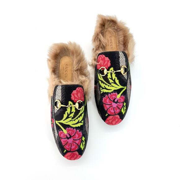 Gucci Tapestry Brocade Fur Lined Princetown Mules Slip On Flats 36.5 - Picture 3 of 7